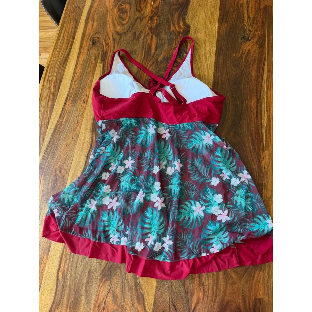 Womens Magenta Tropical Palm Print Tankini Set Boy Shorts Swimsuit Plus Size 5XL